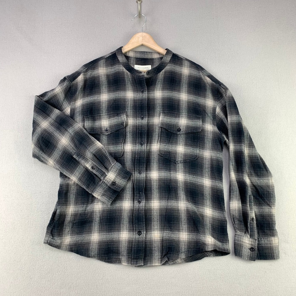 Treasure & Bond Plaid Button Down Shirt Women M Black Grey Band Collar Flannel